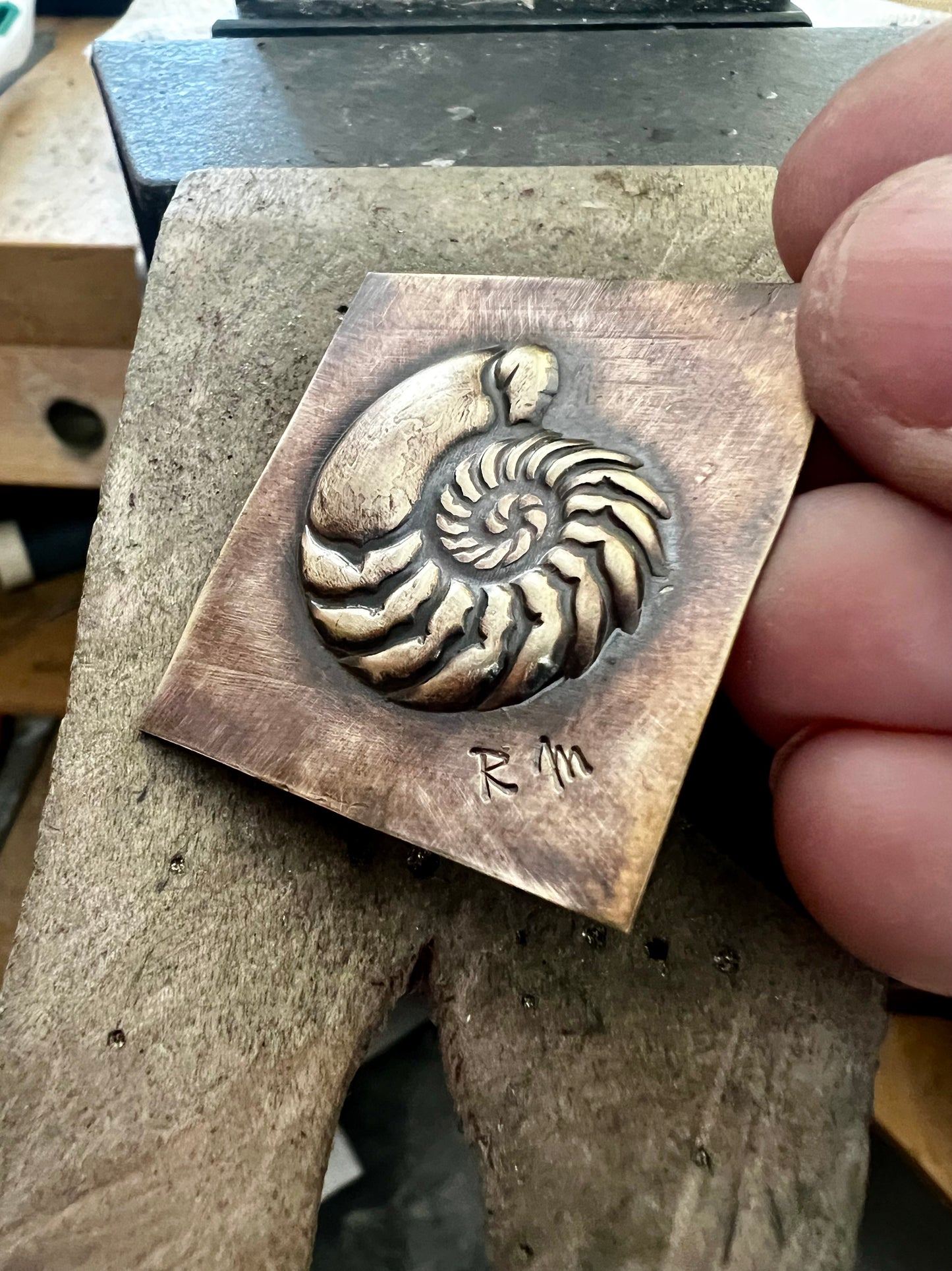 Pressed Metal Ammonite Fossil Impression for Jewelry Making